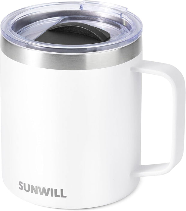 SUNWILL Insulated Coffee Mug with Lid, Travel Tumbler with Handle, 14 oz Stainless Steel Cup for Camping, Office, Home, Powder Coated White