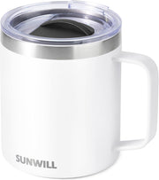 SUNWILL Insulated Coffee Mug with Lid, Travel Tumbler with Handle, 14 oz Stainless Steel Cup for Camping, Office, Home, Powder Coated White