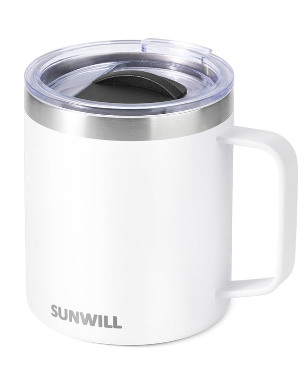 SUNWILL Travel Coffee Mug with Lid, Insulated Tumbler with Handle, 14 oz Stainless Steel Cup for Ice, Water, Tea, Rose Gold