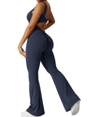 YEOREO Women Workout Scrunch Flare Jumpsuits Sexy Backless Butt Lift Gym Yoga Jumpsuits