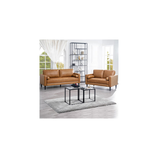 Naomi Home Siggy Genuine Leather Sofa - Set of 3 Luxurious Comfort, Goose Feather Cushion Filling, Square Arm Design, Sturdy Block Legs, Elegant Tan - Ideal for Living Room, Office, or Bedroom