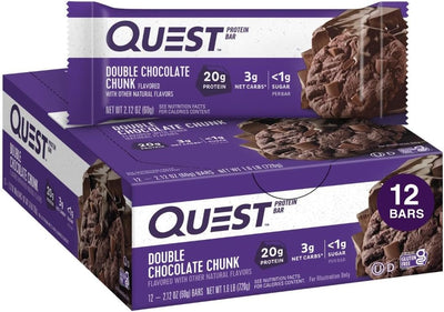 Quest Nutrition Double Chocolate Chunk Protein Bars, 20g Protein Bars, 1g Sugar, 4g Net Carb, Gluten Free, Keto Friendly, 12 Count
