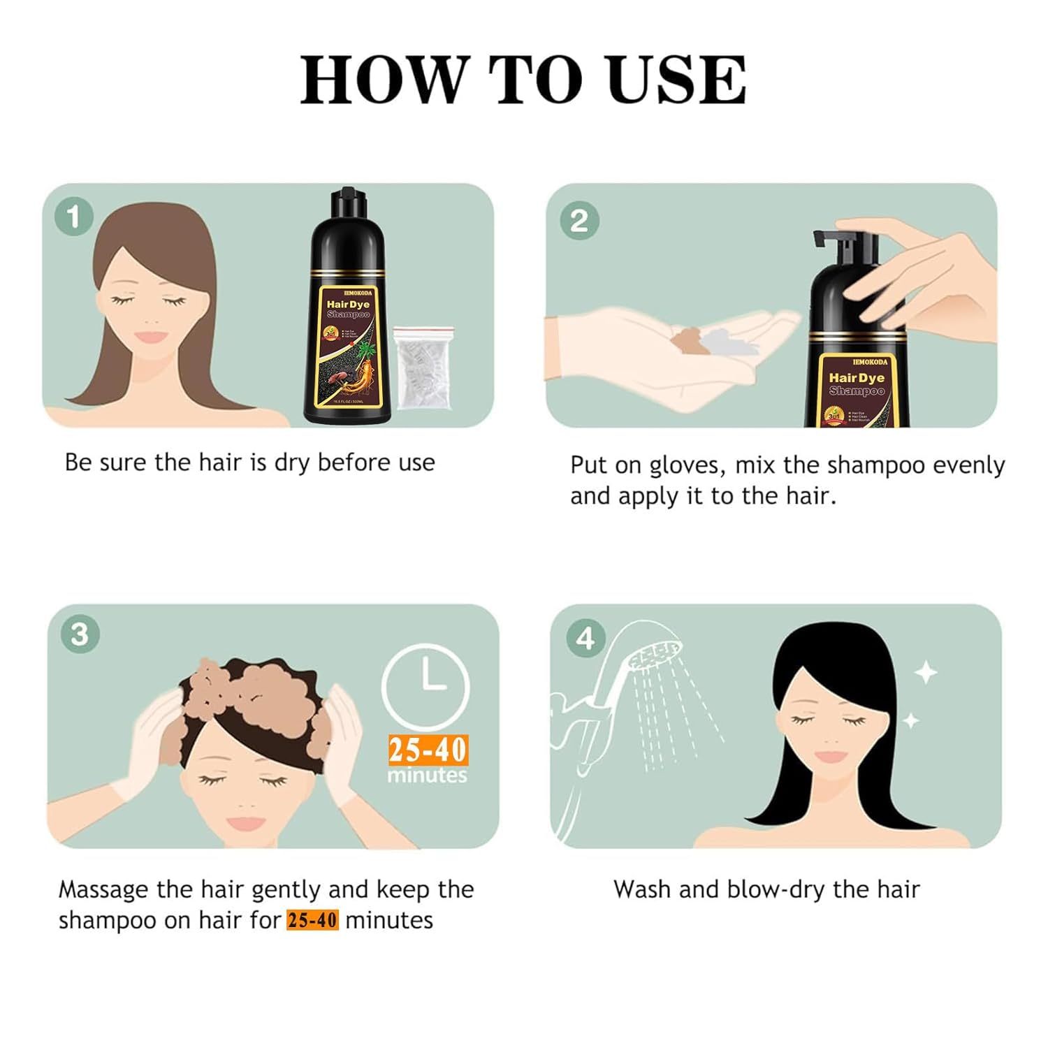 Black Long-Lasting & Natural Hair Color Shampoo - 3 in 1 for Gray Coverage, Instant Effect in Minutes for Men & Women, 16.9 Fl Oz