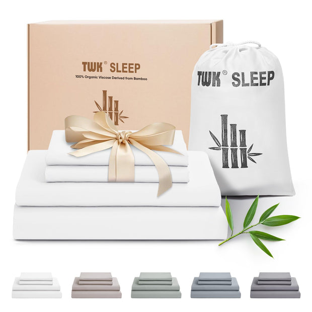TWK Luxury Sheet Set, Genuine 100% Organic Viscose Derived from Bamboo, Cooling & Breathable, Silky Soft, Bedding Sheets & Pillowcases (White, King(78 * 80 * 15))