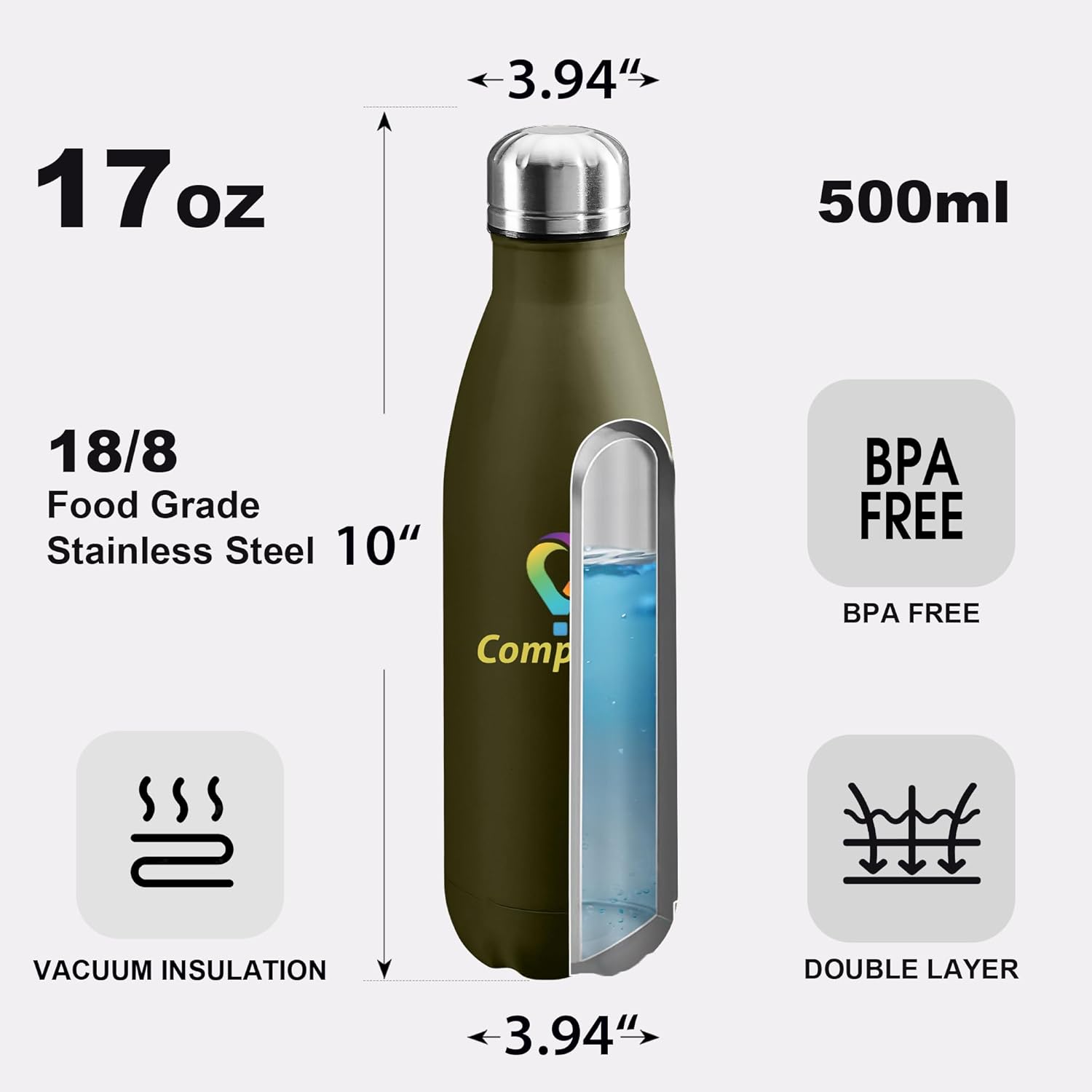 Personalized Custom Water Bottles 17oz Stainless Steel Double Wall Insulated Leakproof Cups for Sports Outdoors With Colorful Text Logo Print in USA