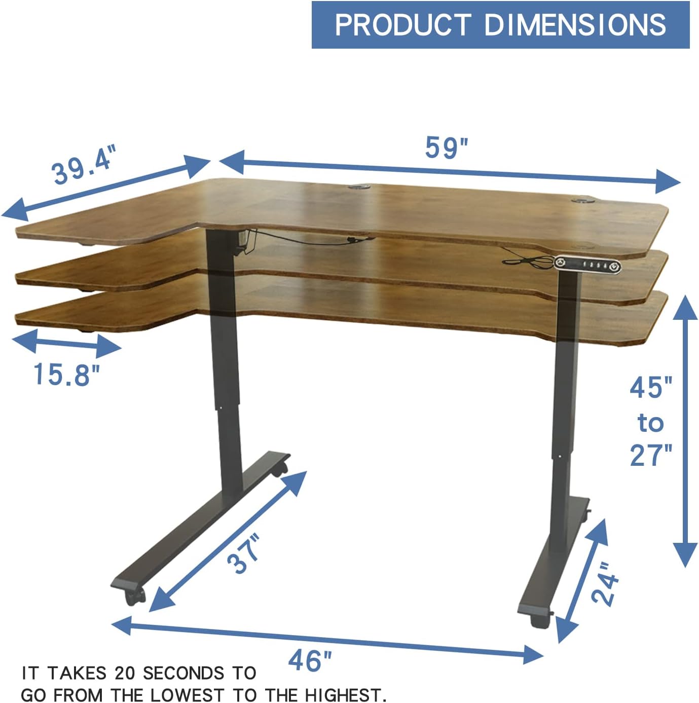bilbil L-Shaped Electric Height Adjustable Standing Desk 59 Inches, Stand Up Rising Table for Home Office with Splice Board, Black Frame and Rustic Brown Top