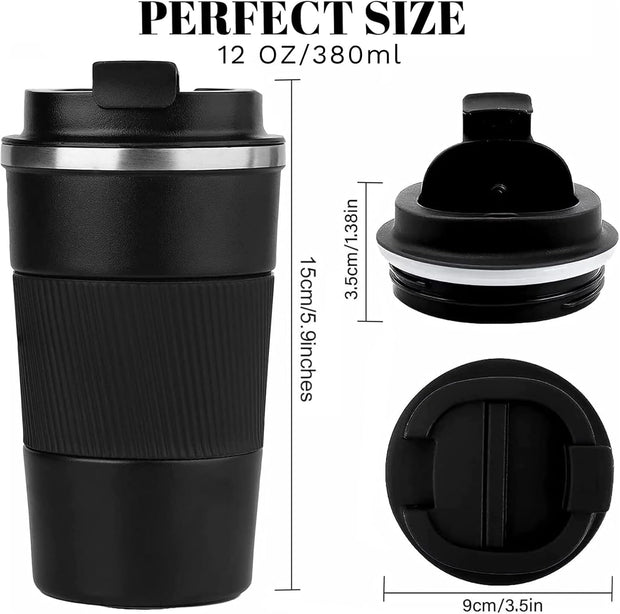 YINBAOGE Insulated Travel Coffee Mug Spill Proof Leak Proof Pobtable To Go Camping Stainless Steel Coffee Tumbler Reusable Coffee Cups with Lids Thermos for Hot and Cold Drink (Black, 12 OZ)