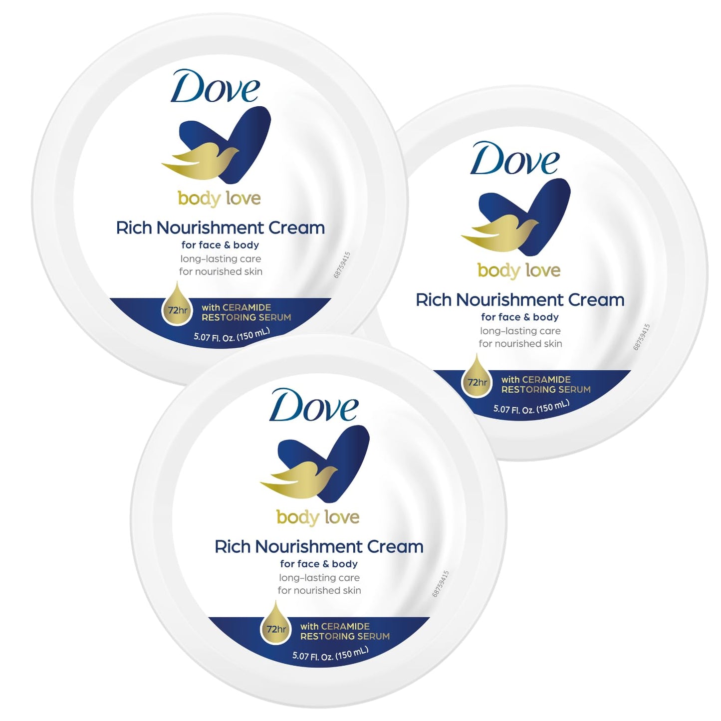 Dove Nourishing Body Care, Face, Hand, and Body Rich Nourishment Cream for Extra Dry Skin with 48-Hour Moisturization, 4-Pack, 2.53 Oz Each Jar