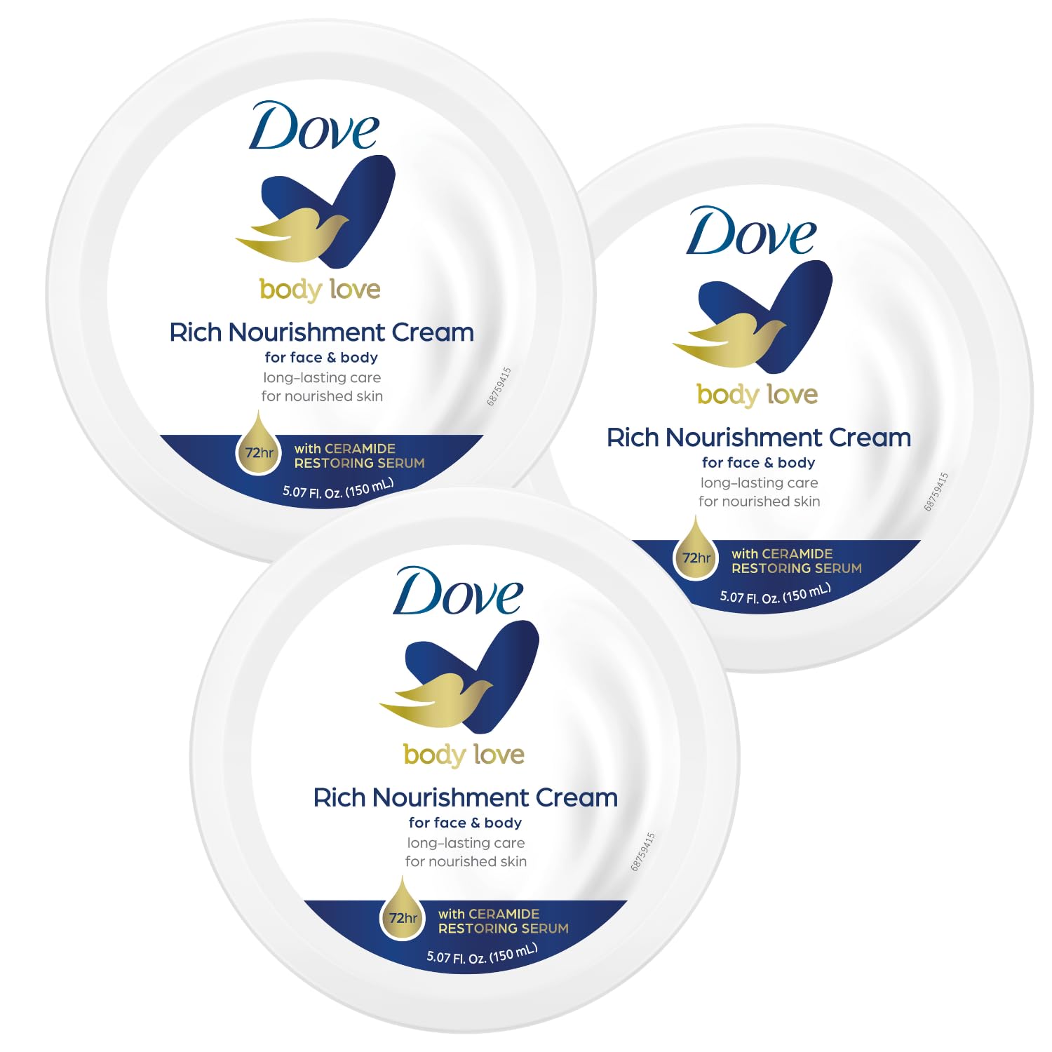 Dove Nourishing Body Care, Face, Hand, and Body Rich Nourishment Cream for Extra Dry Skin with 48-Hour Moisturization, 4-Pack, 2.53 Oz Each Jar
