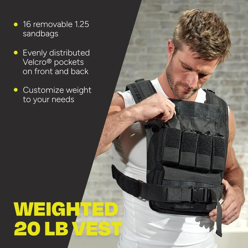 Centr Adjustable Weighted Vest 20lbs for Men & Women – Workout, Running, Strength Training, Fitness, Weightlifting & Muscle Building Vest with Sand Bag Weights, Slim Design