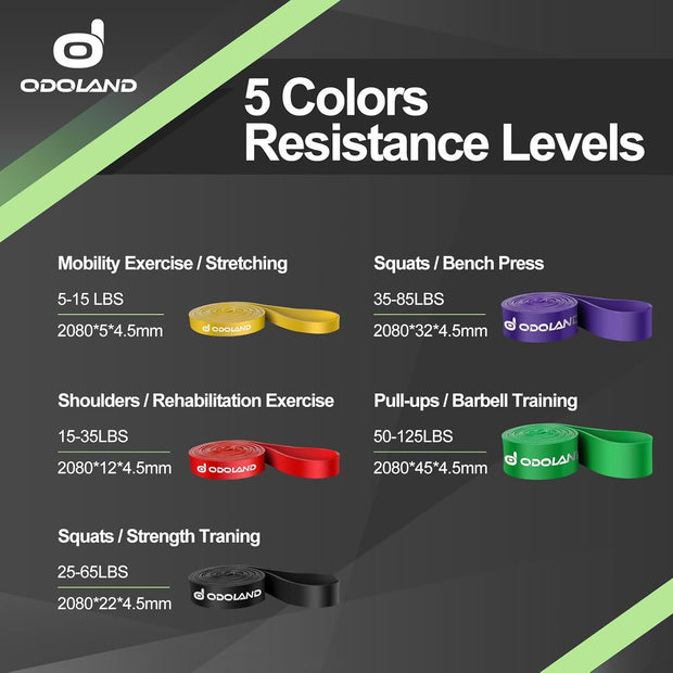 Odoland 5 Packs Pull Up Assist Bands, Pull Up Straps, Resistance Bands with Door Anchor and Handles, Stretch Mobility, Powerlifting and Extra Durable Exercise Bands with eGuide