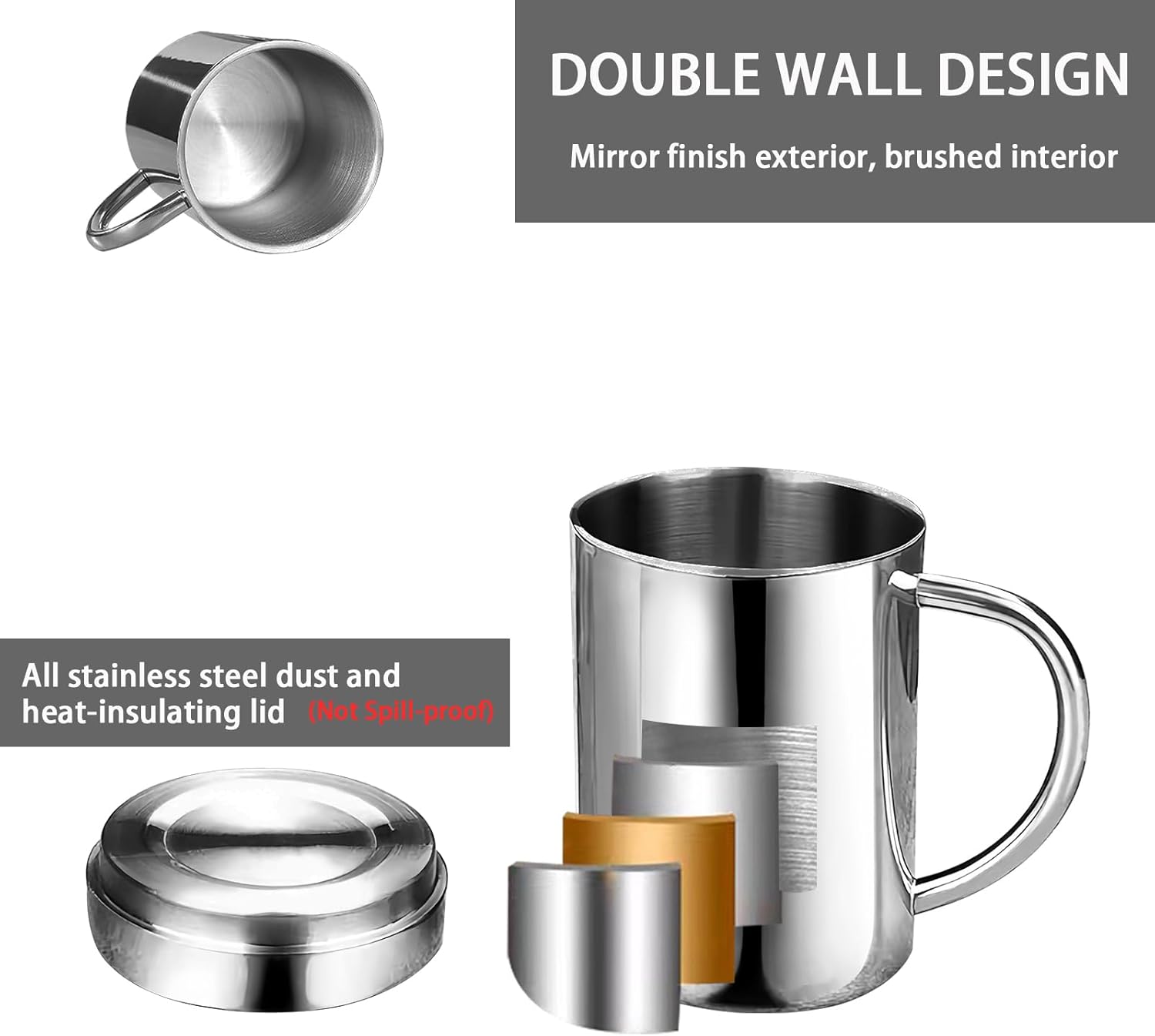 13.5 oz Stainless Steel Double-Walled Metal Mugs - Insulated Coffee & Tea Cup with Lid and Handle for Camping and Everyday Use (2 piece)