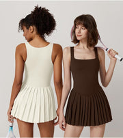 QINSEN Womens Square Neck Tennis Dress Pleated Sleeveless Built in Shorts Golf Athletic Dress with Pockets