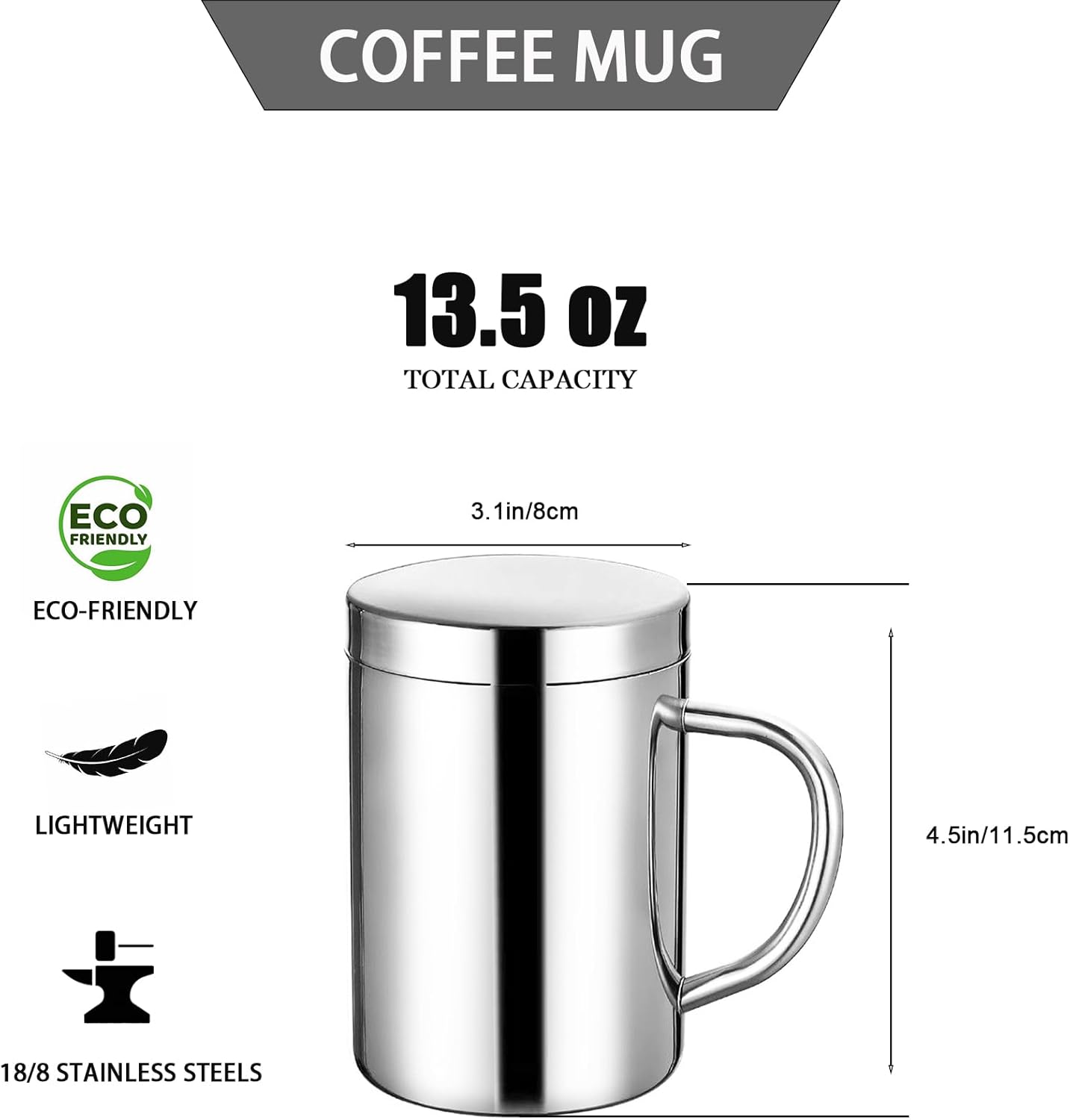 13.5 oz Stainless Steel Double-Walled Metal Mugs - Insulated Coffee & Tea Cup with Lid and Handle for Camping and Everyday Use (2 piece)