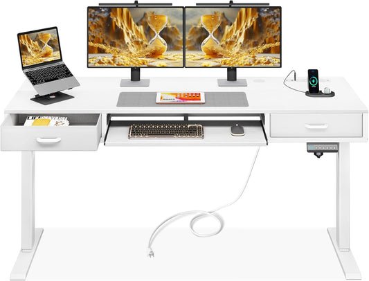 AODK Electric Standing Desk with Drawers & Keyboard Tray, 55 Inch Height Adjustable Desk with Power Outlets, Sit Stand Table, Writing Computer Desk for Home, Office, Workstation, White