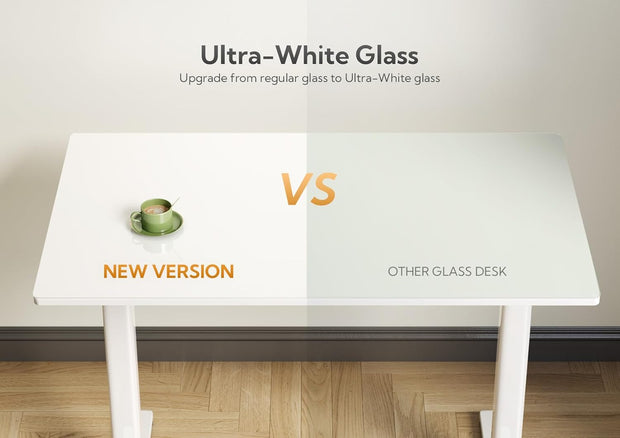 INNOVAR Glass Standing Desk, 48x24 Inch White Standing Desk Adjustable Height Electric Stand Up Quick Install for Computer Desks, Super White