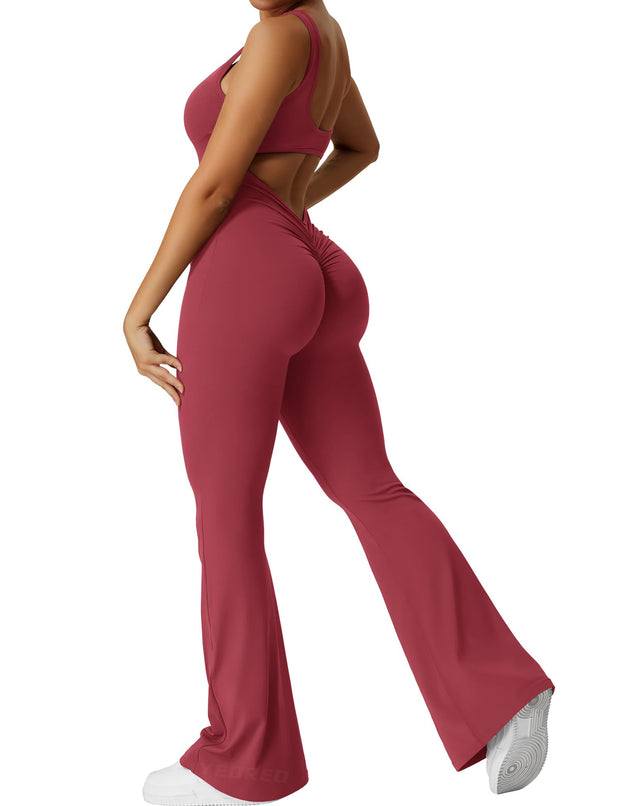 YEOREO Women Workout Scrunch Flare Jumpsuits Sexy Backless Butt Lift Gym Yoga Jumpsuits