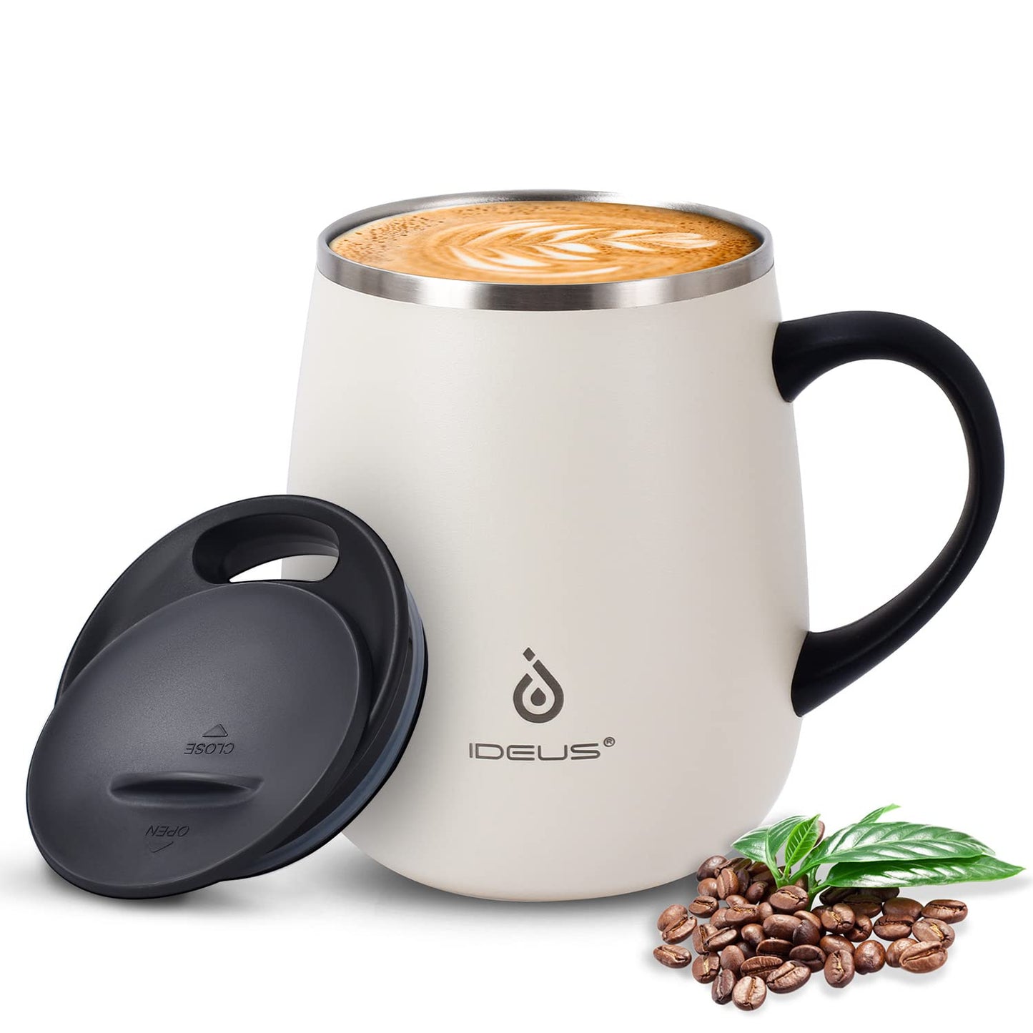 Ideus 16 oz Insulated Coffee Mug with Handle and Lid, Double Wall Stainless Steel Vacuum Thermal Coffee Mug, Travel Coffee Cup Thermal Cup for Home and Office, Storm Black