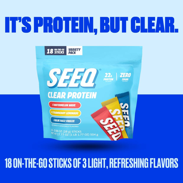 SEEQ Clear Protein Powder Sample Pack - 18 On-The-Go Sticks - 22g Clear Whey Protein Isolate - Zero Sugar - 0g Lactose - Allergen Friendly - GLP1 Support - Bone Health - Post Workout Recovery