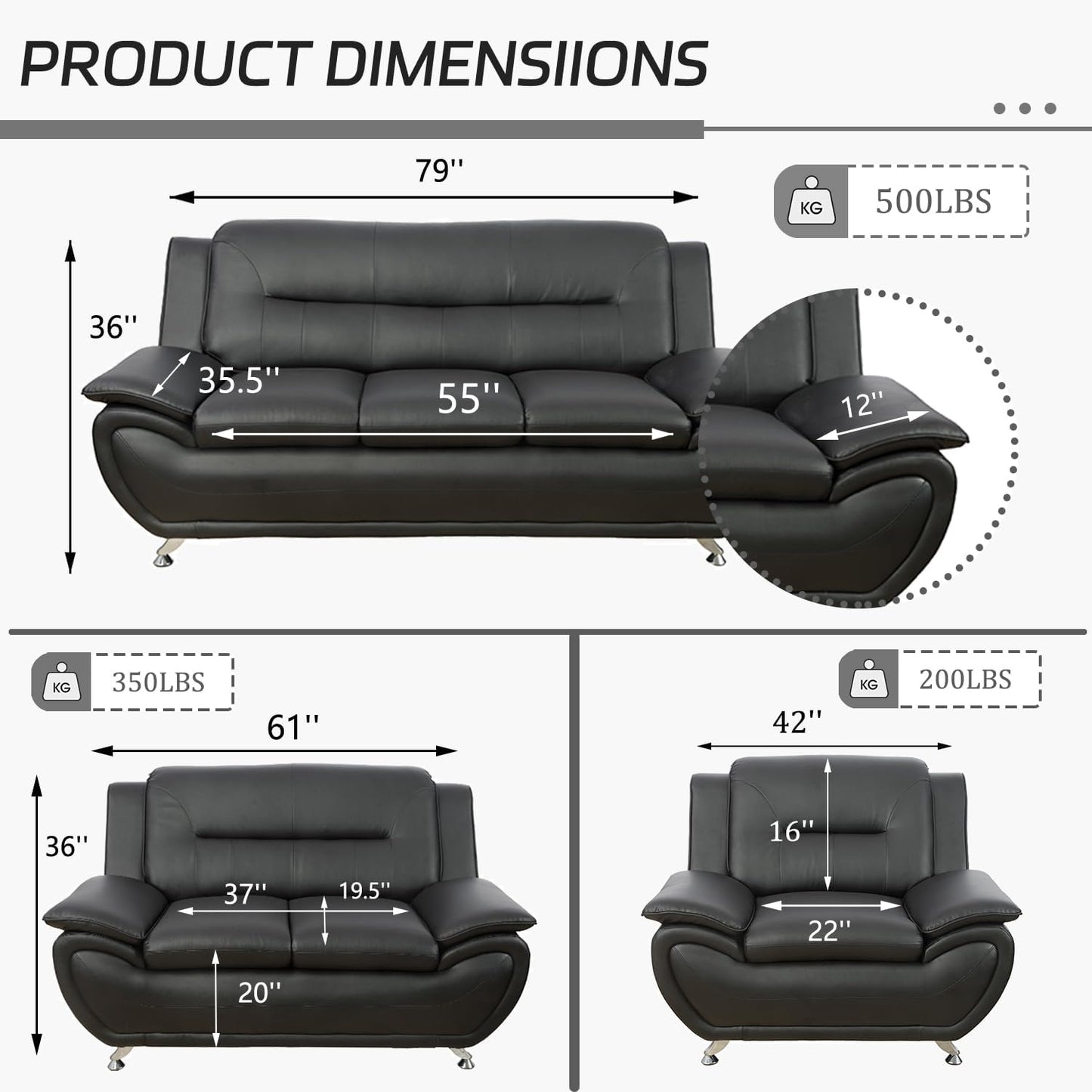 3 Piece Living Room Furniture Set, Leather Sofa Set for Living Room, Modern Couch Set with 3-Seater Sofa, Loveseat and Armchair (Black 2)