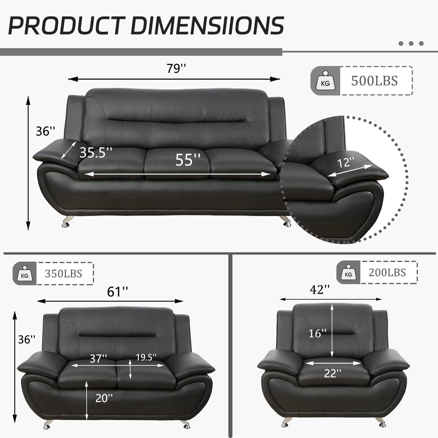 3 Piece Living Room Furniture Set, Leather Sofa Set for Living Room, Modern Couch Set with 3-Seater Sofa, Loveseat and Armchair (Black 2)