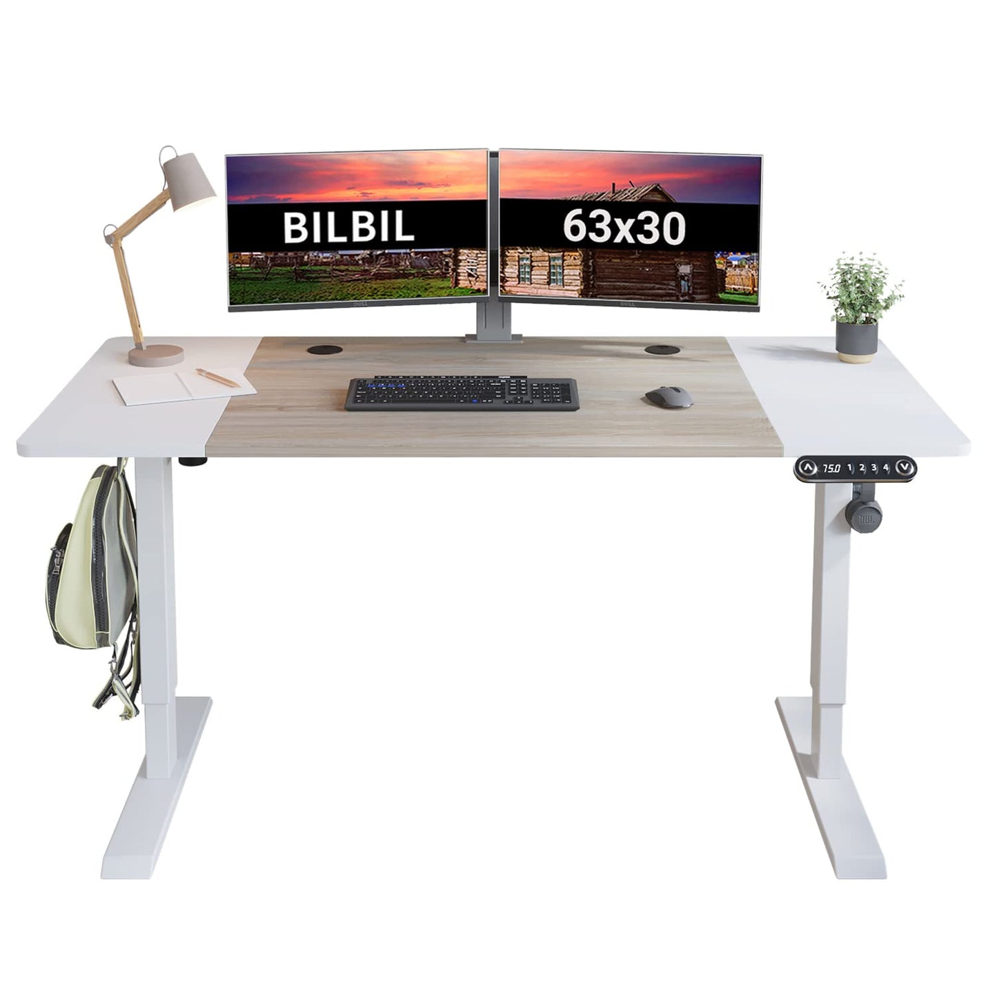 bilbil L-Shaped Electric Height Adjustable Standing Desk 59 Inches, Stand Up Rising Table for Home Office with Splice Board, Black Frame and Rustic Brown Top