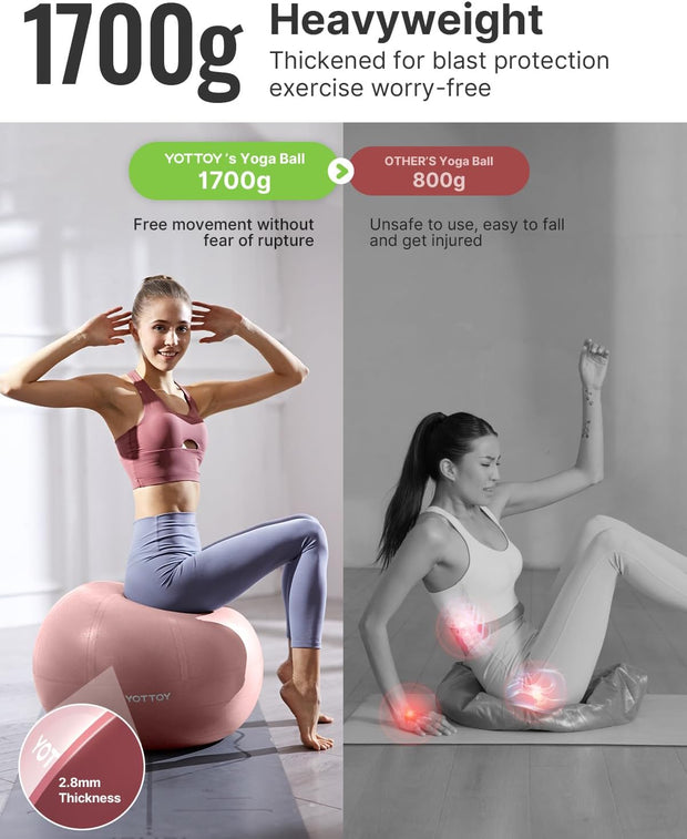 YOTTOY Anti-Burst Exercise Ball for Working Out, Yoga & Pregnancy, Extra Thick Workout Ball for Physical Therapy & Fitness