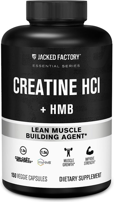 Jacked Factory Creatine HCL + HMB Capsules - Synergistic CON-CRET, myHMB, & Vitamin D Formula for Improved Growth, Strength, & Reduced Muscle Breakdown - 150 Capsules