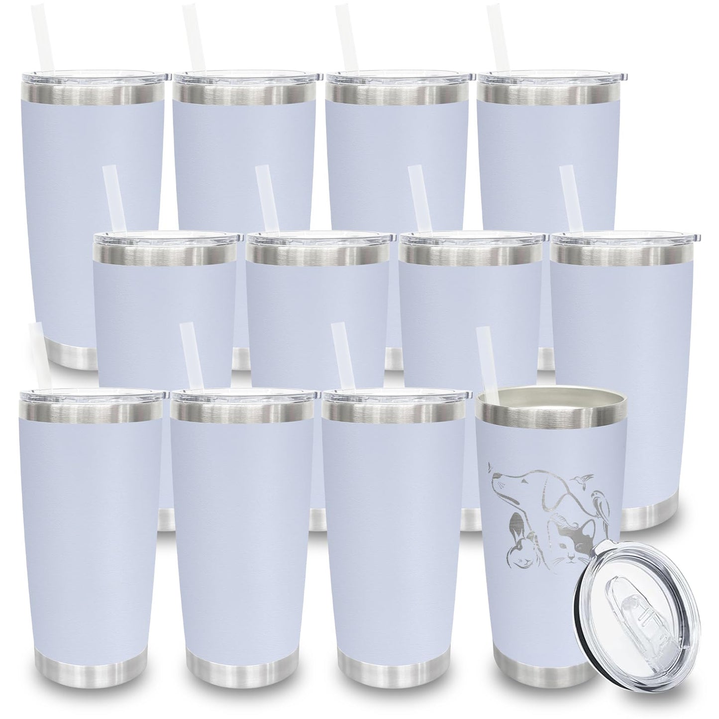20 oz Tumblers Bulk, Stainless Steel Tumbler with Lid and Straw, Vacuum Double Wall Insulated Travel Coffee Mug with Sliding Lid, Powder Coated Cup for Hot and Cold Drinks (Stainless,6 pack)