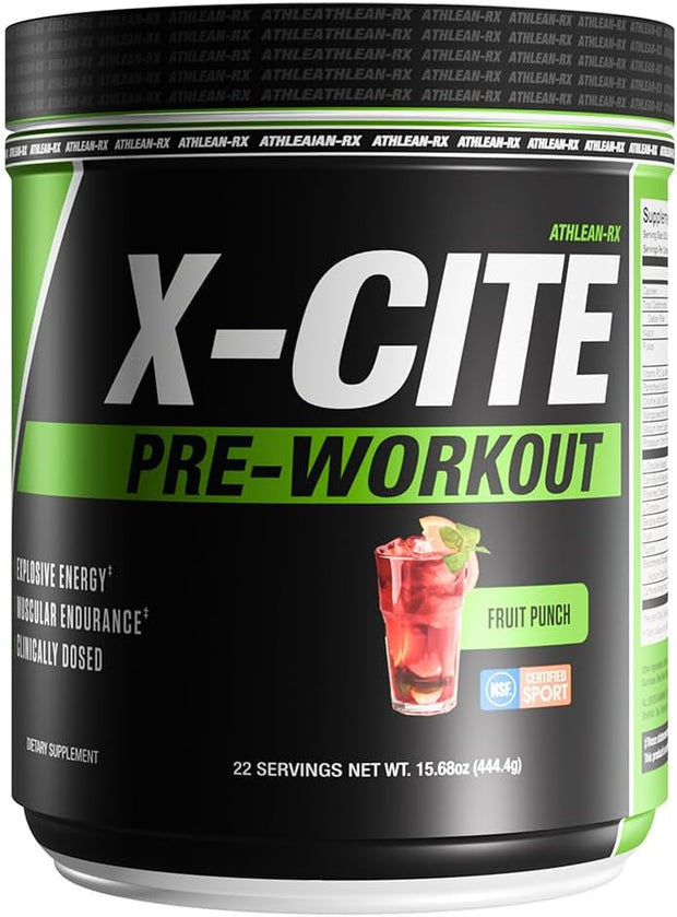 X-CITE Pre-Workout by ATHLEAN-X - Enhanced Formula with Beta-Alanine, Creatine & Caffeine for Ultimate Energy, Endurance, Focus & Muscle Pump, NSF Certified for Sports (22 Servings, Fruit Punch)