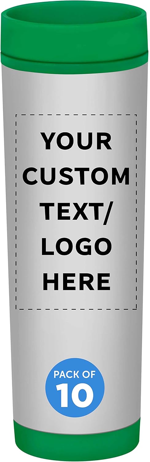 Custom Slim Color Top Stainless Steel Travel Mug 16 oz. Set of 10, Personalized Bulk Pack - Perfect for Coffee, Soda, Other Hot & Cold Beverages - Green