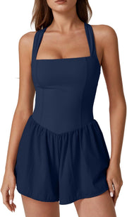 QINSEN Women's Square Neck Sleeveless Romper Jumpsuit Casual Summer One Piece Outfit with Pocket