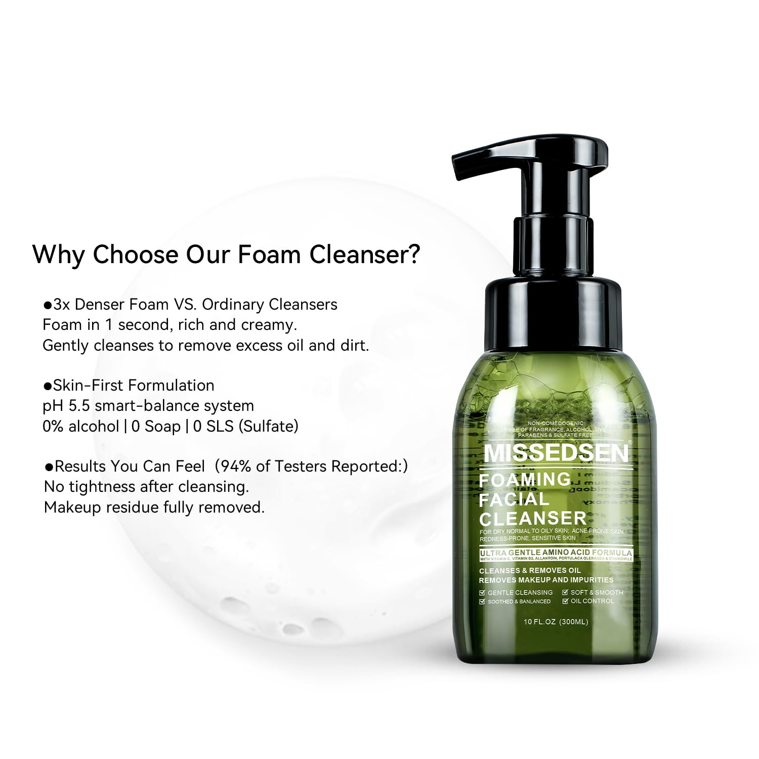 Face Wash for Acne, Oily & Sensitive Skin all Skin Types Oil Control and Hydrating Foaming cleanser No Fragrance/Dye/Soap (300ml/10oz)