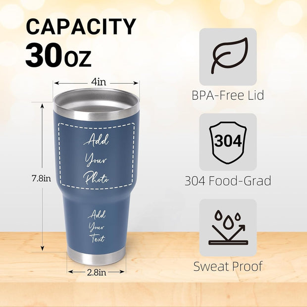 Personalized Tumbler with Picture Text, Custom Photo Coffee Tumbler 30oz Insulated Stainless Steel Custom Mug Cup Gift for Dad Mom Women Men Mothers Day Birthday Anniversary Christmas