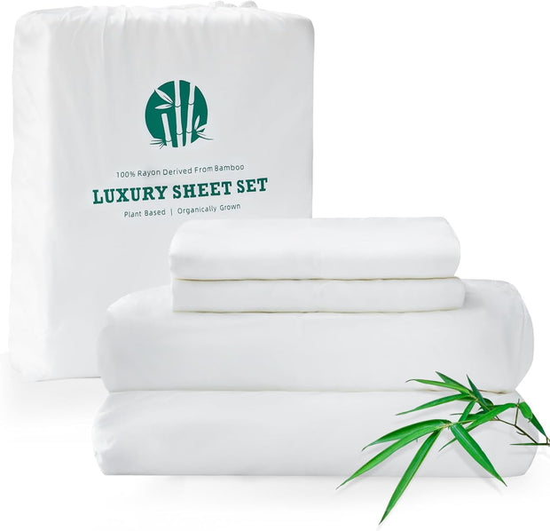 100% Rayon Derived from Bamboo Sheet Sets King Size, Organically Growth, Silky Soft & Cooling, 4 Piece (1 Fitted Sheet, 1 Flat Sheet and 2 Pillowcases) White Bedding Set with 15" Deep Pocket