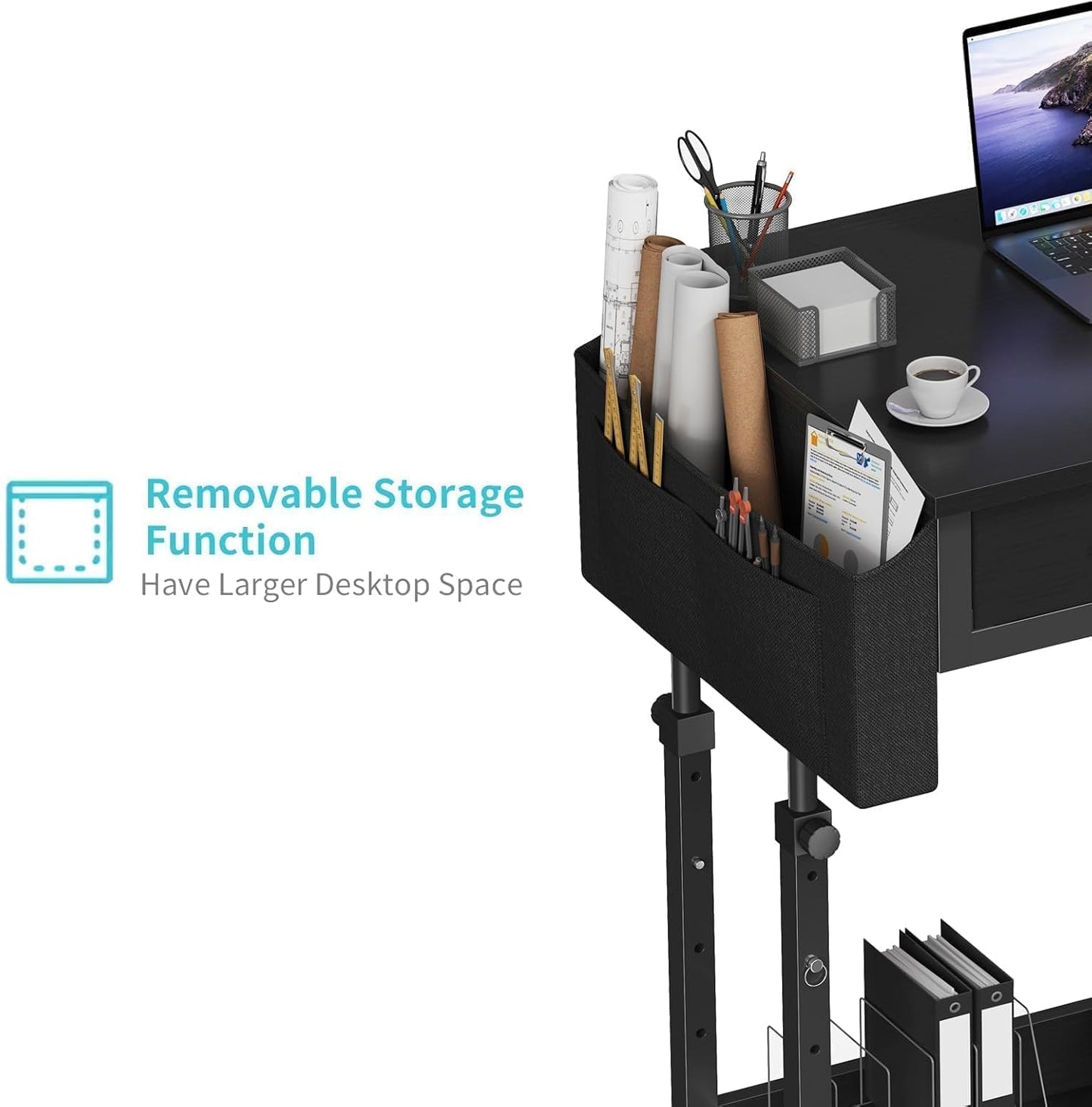 Small Portable Rolling Standing Desk - 32 Inch Adjustable Mobile Teacher Stand Up Desks with 2 Fabric Drawers on Wheels for Classroom, Couch Sofa Side Laptop Table with Storage for Home Office, Black