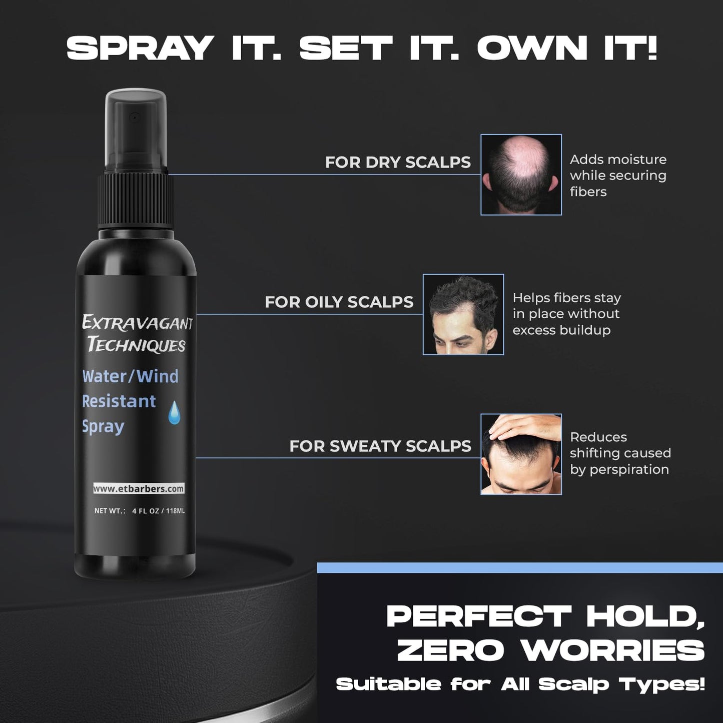 Hair Fiber Spray for Men & Women – Strong Hold, Quick Dry, Sweatproof, No Flaking – Locks Hair Building Fibers All Day – Wind & Water Resistant Hair Loss Concealer – 4oz by Extravagant Techniques.