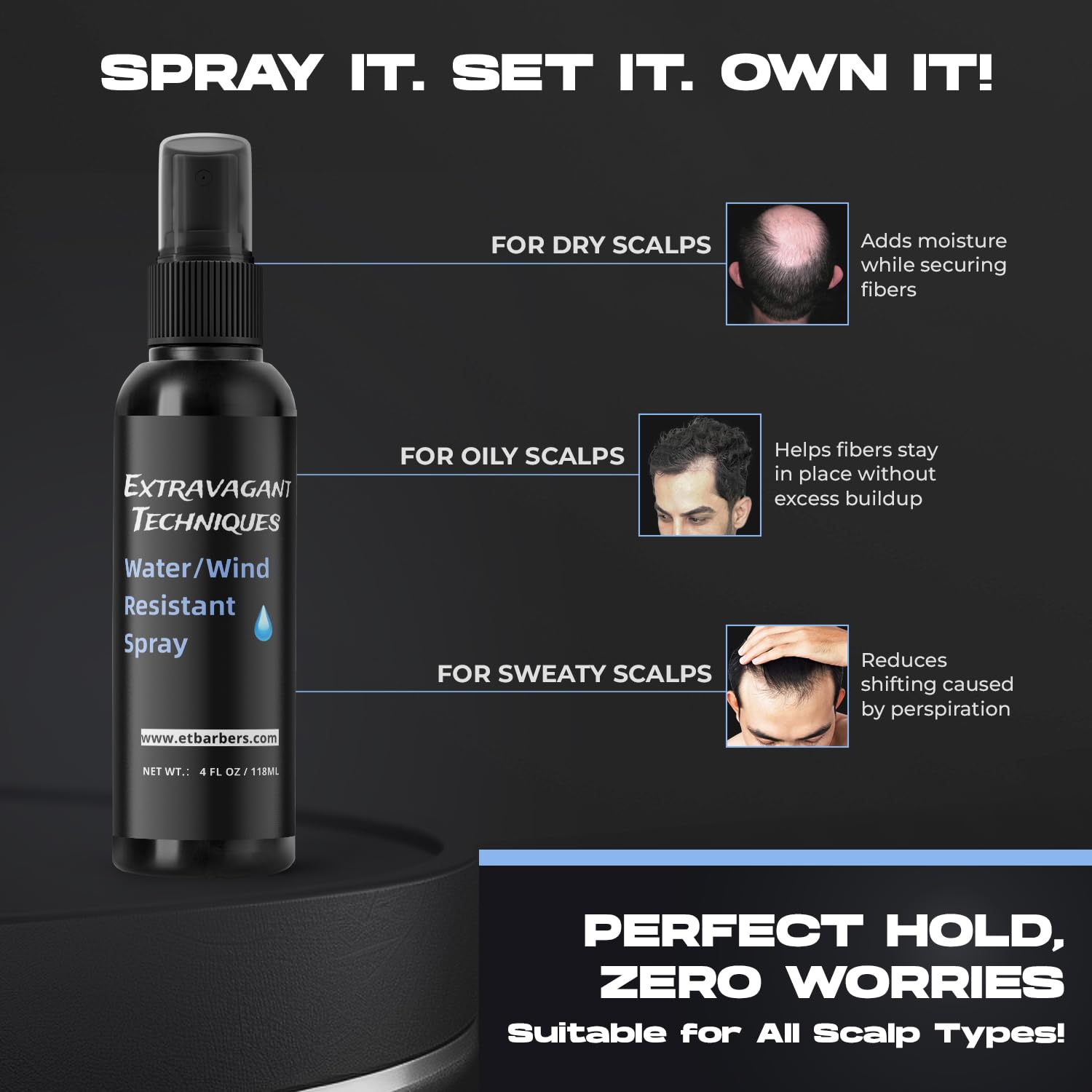 Hair Fiber Spray for Men & Women – Strong Hold, Quick Dry, Sweatproof, No Flaking – Locks Hair Building Fibers All Day – Wind & Water Resistant Hair Loss Concealer – 4oz by Extravagant Techniques.