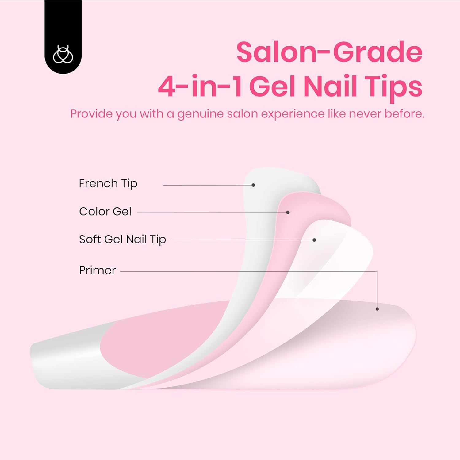 Beetles French Tip Press On Nails, 16 Sizes 224 Pcs Pink Short Almond Press On Nails 4 In 1 Gel Nail Tips Pre-Applied Primer Base Coat Soak Off Uv Nail Extension DIY Manicure Gift for Women
