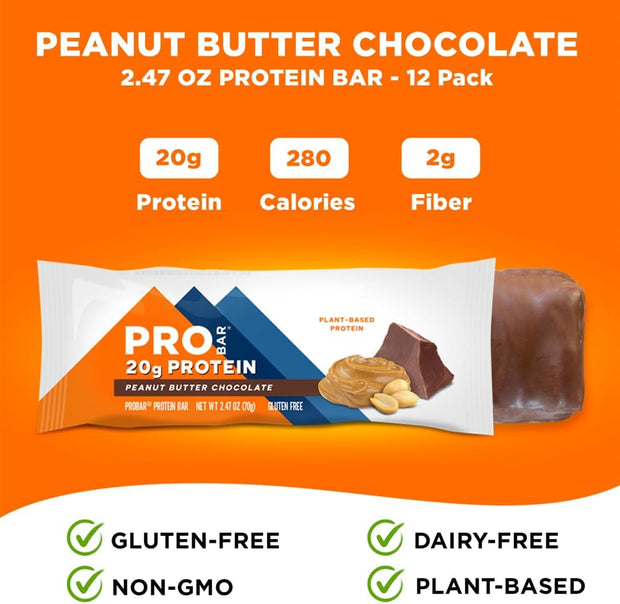 PROBAR - PROTEIN Bar, Peanut Butter Chocolate, Non-GMO, Gluten-Free, Healthy, Plant-Based, Whole-Food Ingredients, Natural Energy (12 Count)