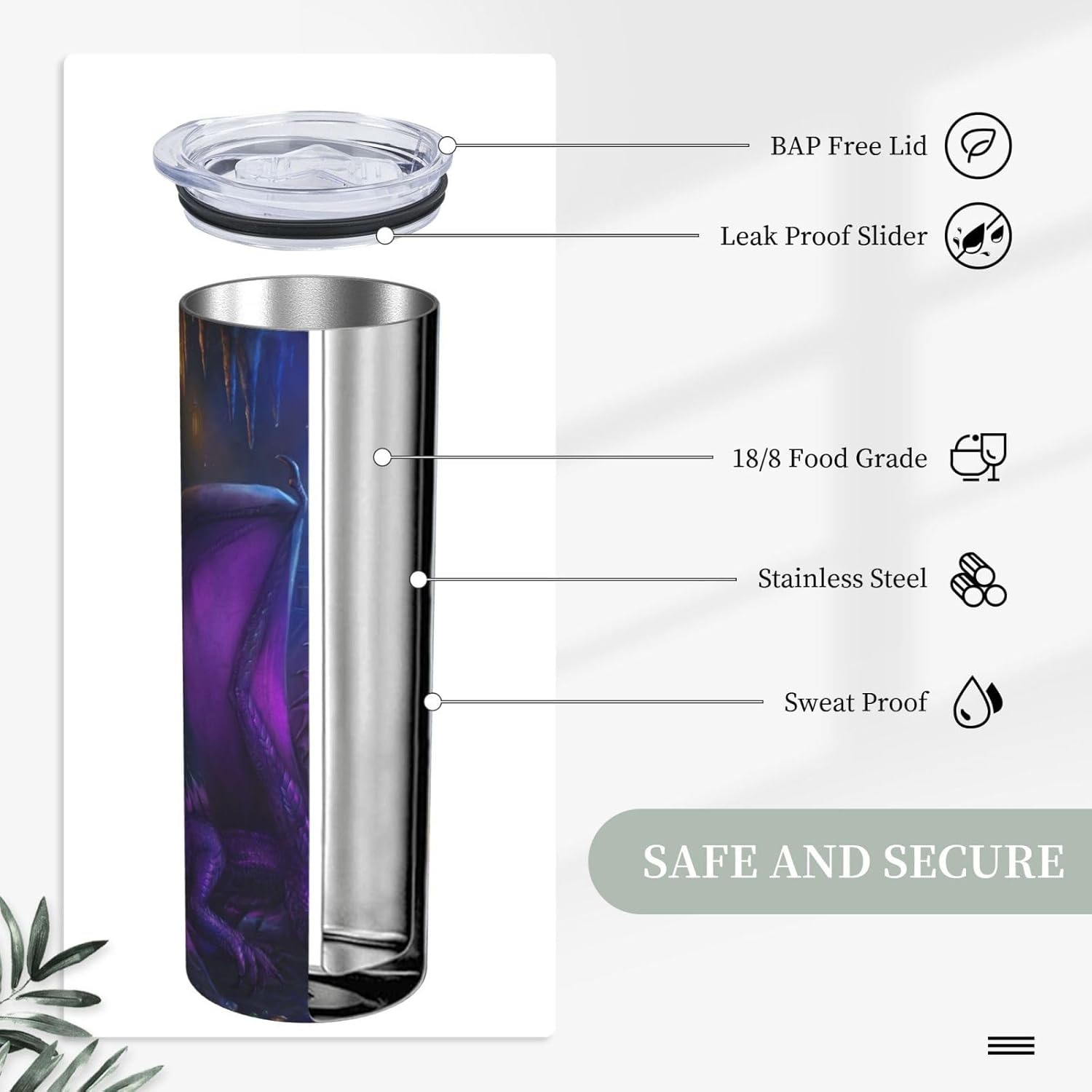 Purple Dragon Art Tumbler 20 Oz Coffee Cup with Lid and Straw Stainless Steel Mug Insulated Tumbler Travel Mug Home Office Gifts