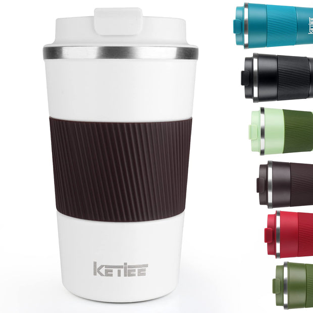 KETIEE Travel Coffee Mug Spill Proof 12oz, Insulated Reusable Coffee Cups with Seal Lid, Vacuum Stainless Steel Travel Mug to Go Car Tumbler for Hot/Ice Drinks (Grey)
