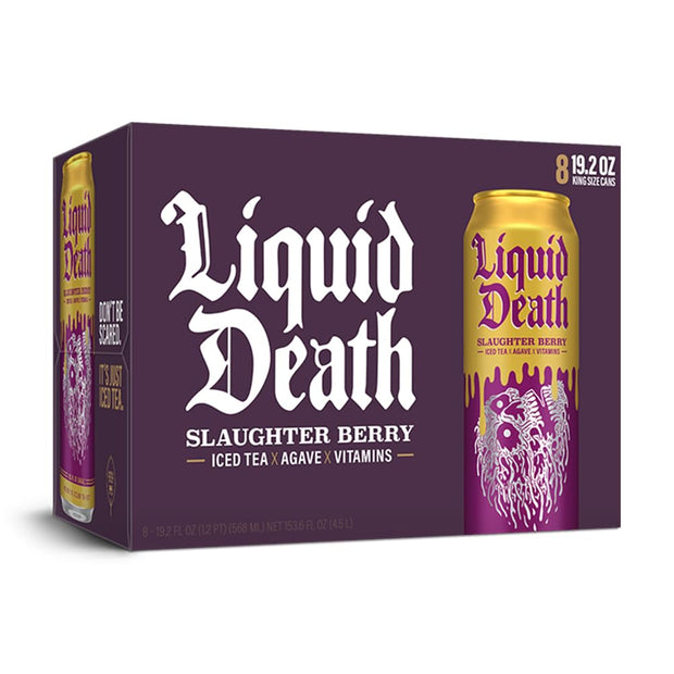 Liquid Death, Slaughter Berry Flavored Iced Tea, 8-Pack (19.2oz Cans), Raspberry Flavored Black Tea, Low Calorie, No Artificial Sweeteners, B12 & B6 Vitamins