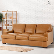 Naomi Home Siggy Genuine Leather Sofa - Set of 3 Luxurious Comfort, Goose Feather Cushion Filling, Square Arm Design, Sturdy Block Legs, Elegant Tan - Ideal for Living Room, Office, or Bedroom