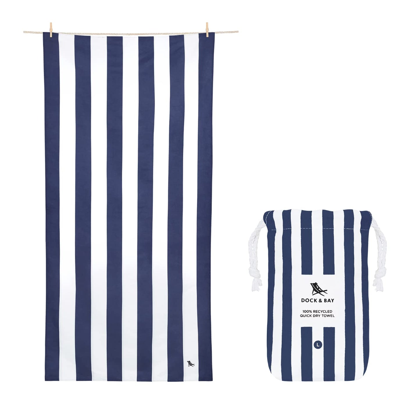 Dock & Bay Beach Towel - Quick Dry, Sand Free - Compact, Lightweight - 100% Recycled - Includes Bag - Cabana - Bondi Blue - Large (160x90cm, 63x35)