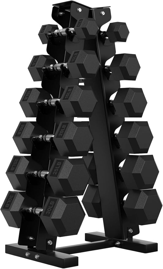 Hex Dumbbell Sets with Rack, 75-300 lb Rubber Encased Dumbbells for Strength Training, Exercise, and Fitness, Home Gym Weight Set with Rack