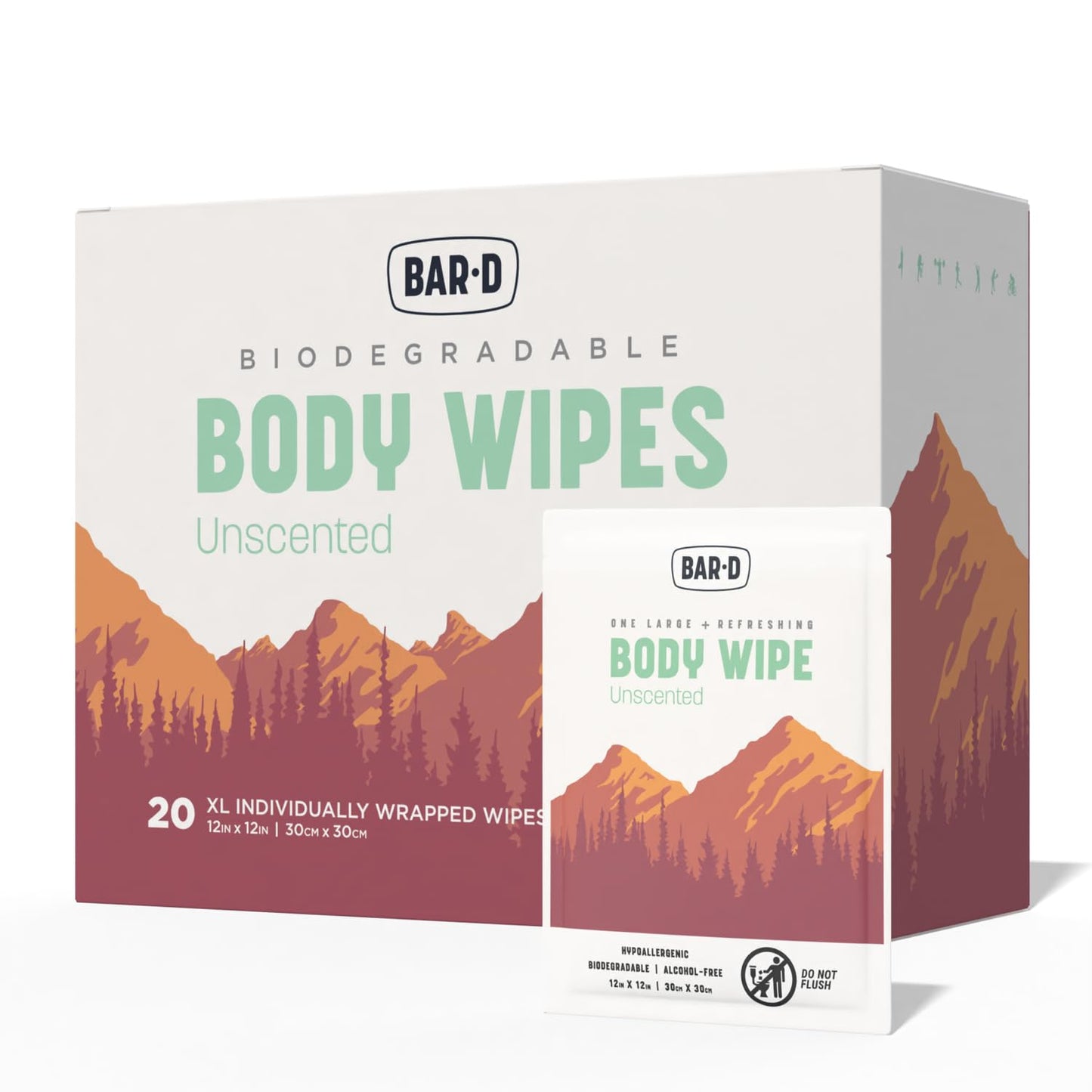 Bar-D Cleansing Face & Body Wipes for Women and Men - Individually Wrapped Biodegradable Shower Wipes with Tea Tree Oil & Aloe Vera (20 Count/Box)