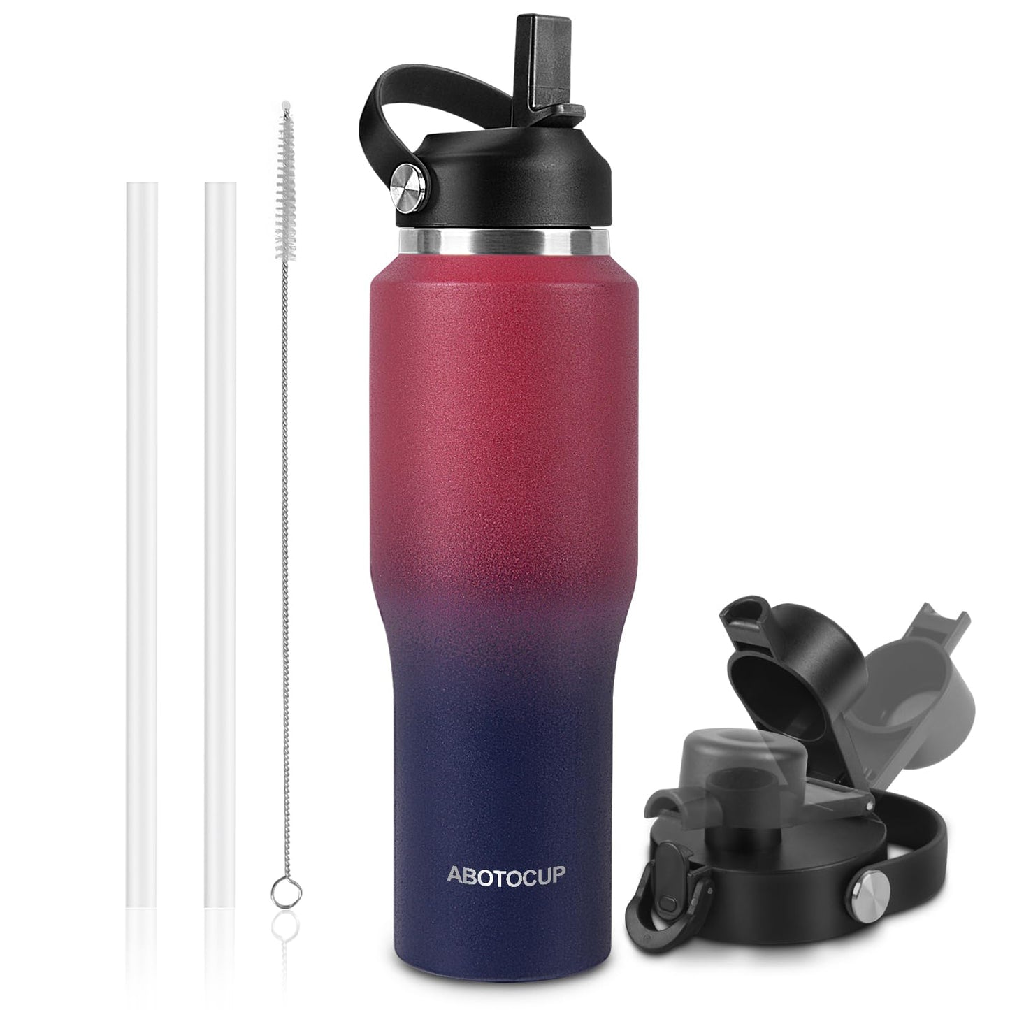 32oz Black Water Bottle Stainless Steel, Keep Cold 24H&Hot 12H, Water Bottle with Straw&Spout Lids, Insulated Water Bottle Double Wall Vacuum, Fit in Any Car Cup Holder, Leak-proof BPA Free