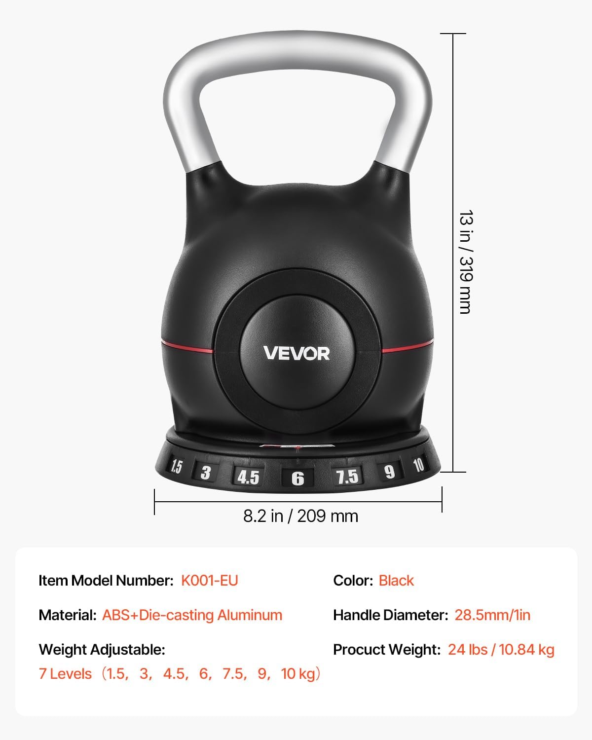 VEVOR Kettlebell, Adjustable Kettlebell with 7 Weight Levels, Die-Cast Aluminum and ABS Material, for Grip Strength Training, Full-body Workout & Cross-Training