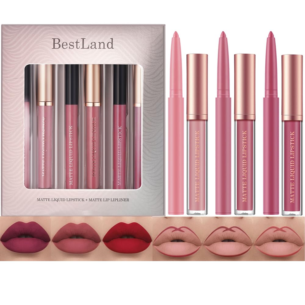 BestLand 12Pcs Matte Liquid Lipstick + Lip Liner Pens Set, One Step Lips Makeup Sets Pigment Velvety Nude Lip Stain Waterproof Long Wear Lip Gloss Make up Gift Set (Set B)